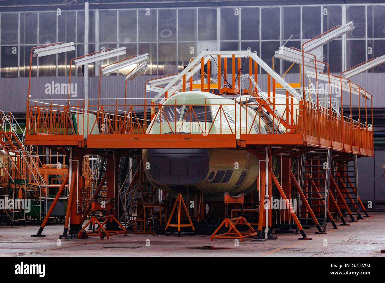 Process of assembling of aircraft in the factory Stock Photo