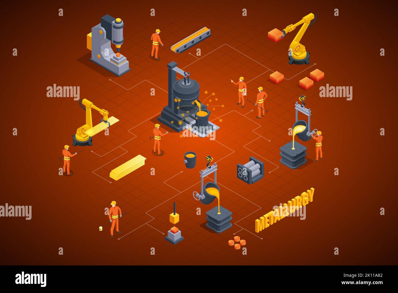 Isometric industrial steel production and metallurgy. Foundry