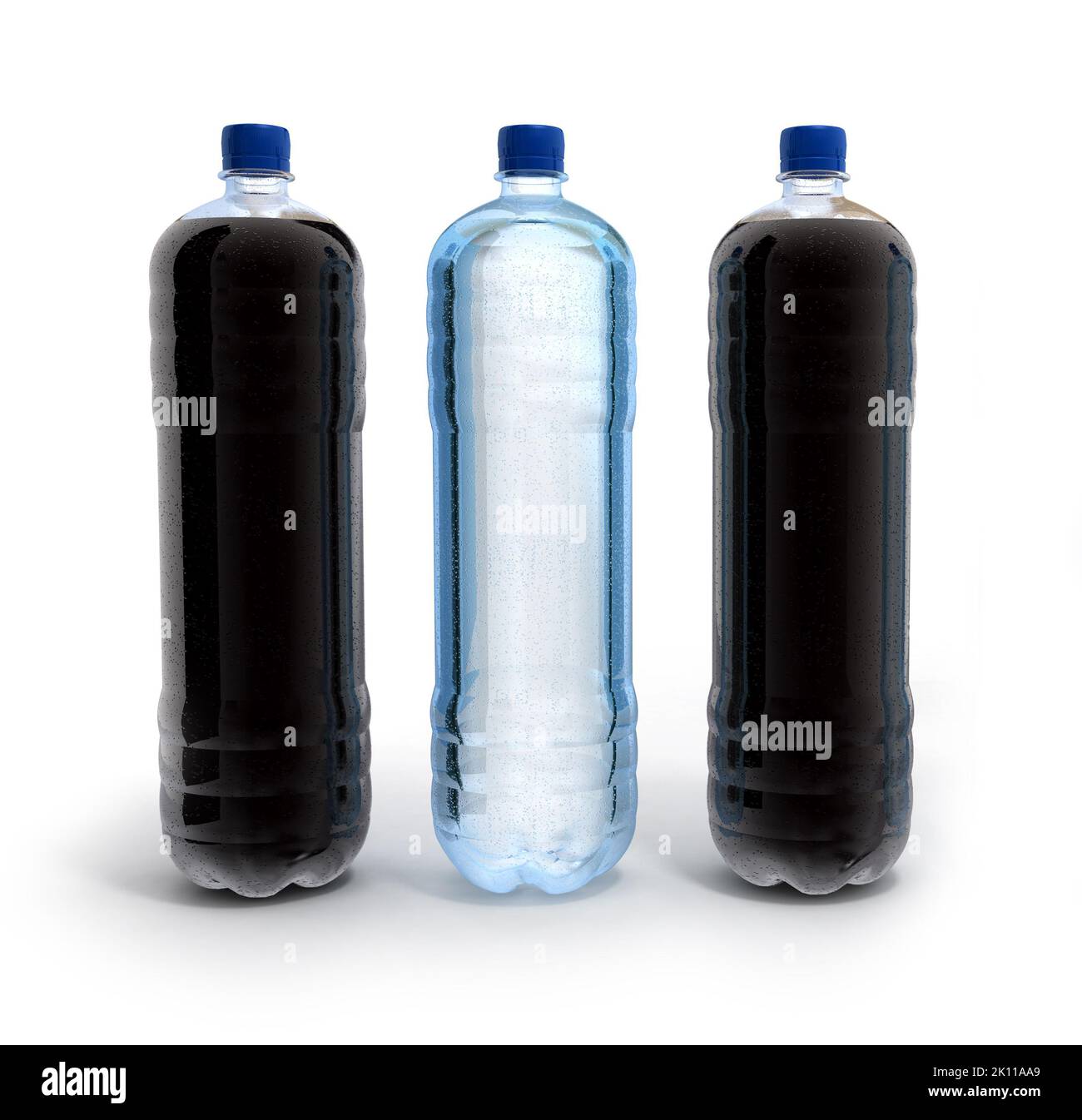 Tree bottles with transparent water and cola Stock Photo