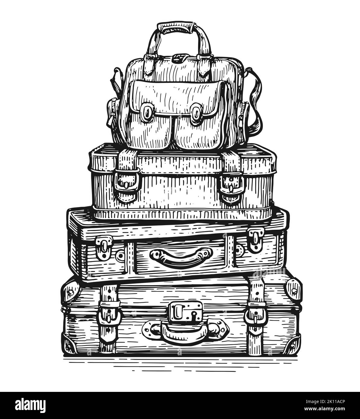 Luggage bags heap isolated. Pile of travel baggage stacked. Hand drawn illustration suitcases in sketch style Stock Photo