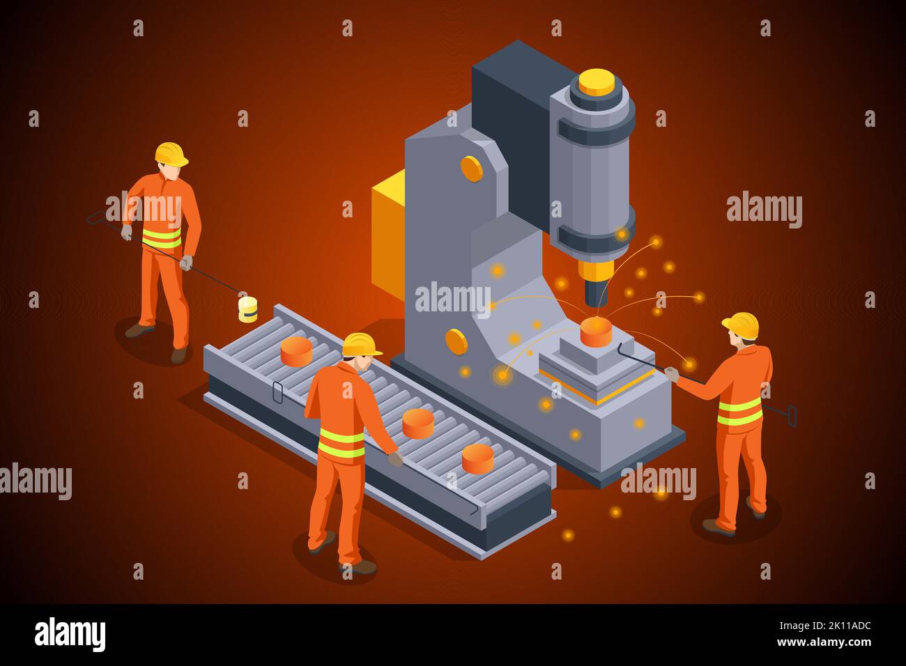 Steel making automated equipment. Isometric industrial steel production and metallurgy. Continuous casting machine. Production of steel billets. Stock Vector