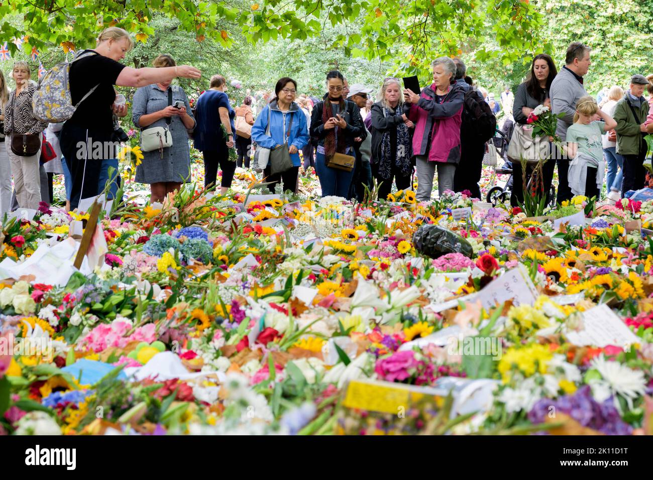 London, UK. 14th Sep, 2022. As crowds of people came to London to watch Her Majesty the Queen's coffin being transported to the Palace of Westminster, people are pictured as they view the flowers cards, bears and other tributes that have been left in Green Park, London. Credit: Lynchpics/Alamy Live News Stock Photo