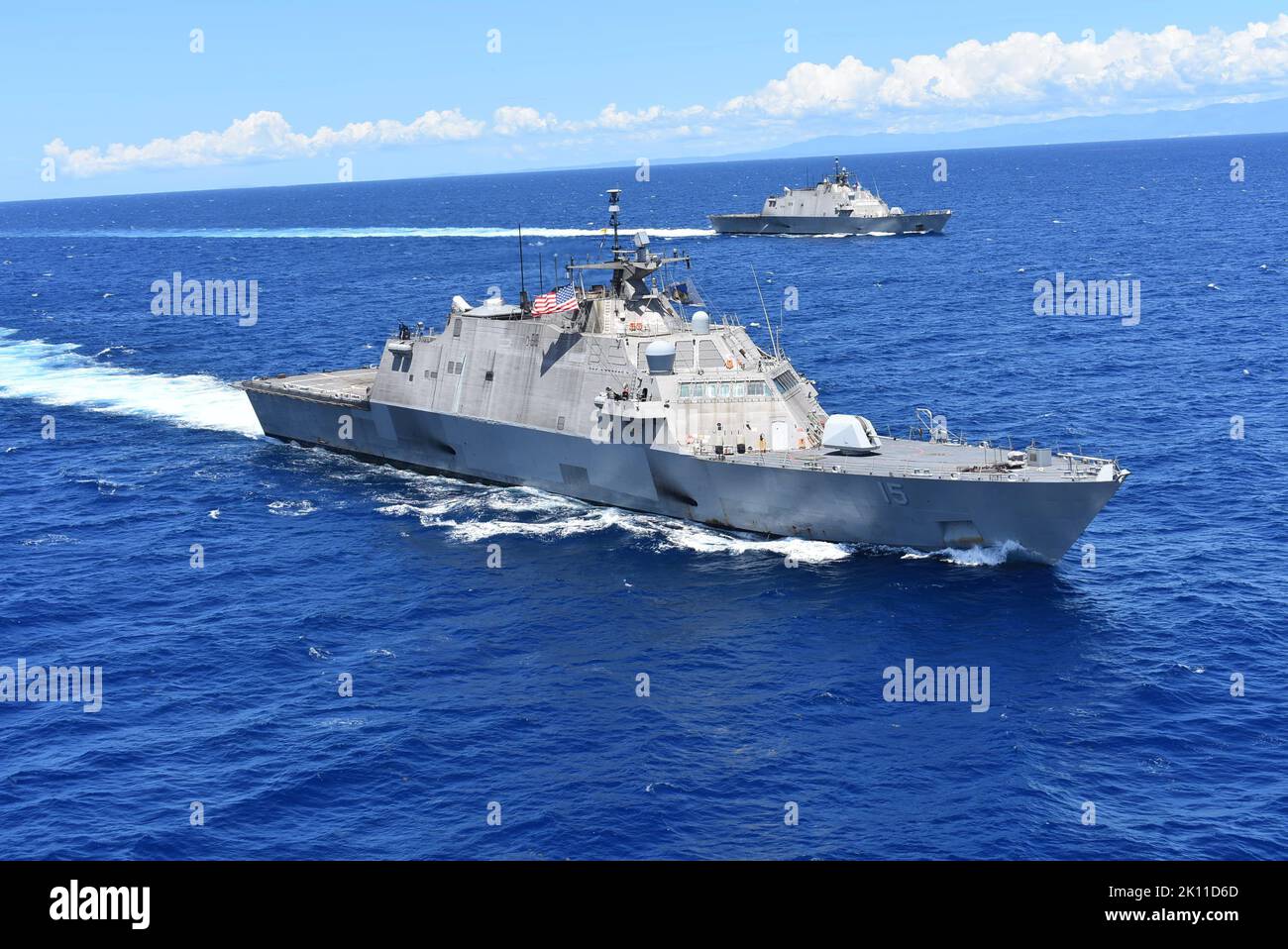 220910-N-N3764-2001  Caribbean Sea - (Sept. 10, 2022) — The Freedom-variant littoral combat ships USS Billings (LCS 15) and USS Wichita (LCS 13) participate in a photo exercise in the Caribbean Sea, Sept. 10, 2022. Wichita and Billings are deployed to the U.S. 4th Fleet area of operations to support Joint Interagency Task Force South’s mission, which includes counter-illicit drug trafficking missions in the Caribbean and Eastern Pacific. (U.S. Navy photo by Mineman 2nd Class Justin Hovarter/Released) Stock Photo