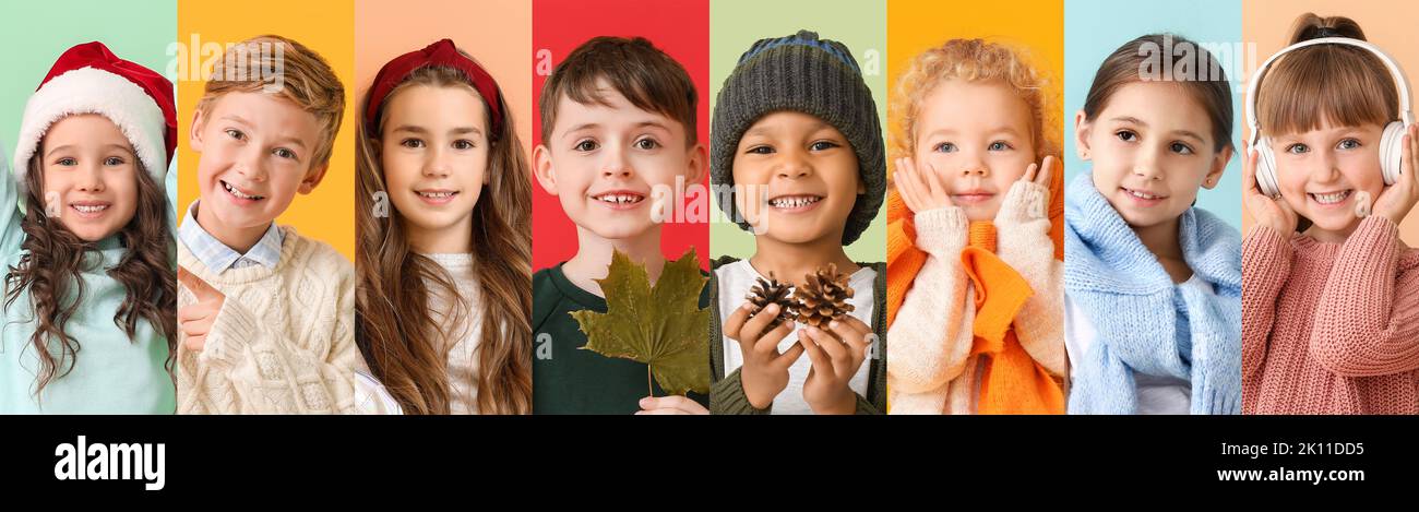 Collage with children in warm sweaters on colorful background Stock ...
