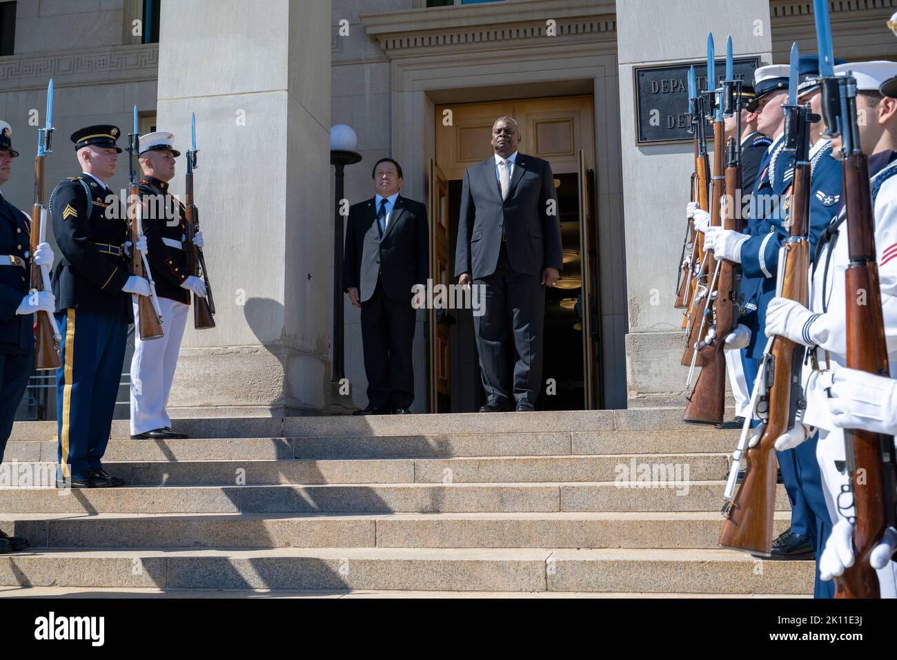 Secretary of Defense Lloyd J. Austin III hosts an honor cordon welcoming Japan's Minister of Defense Yasukazu Hamada to the Pentagon, Washington, D.C., Sept. 14, 2022. (DoD photo by Lisa Ferdinando) Stock Photo