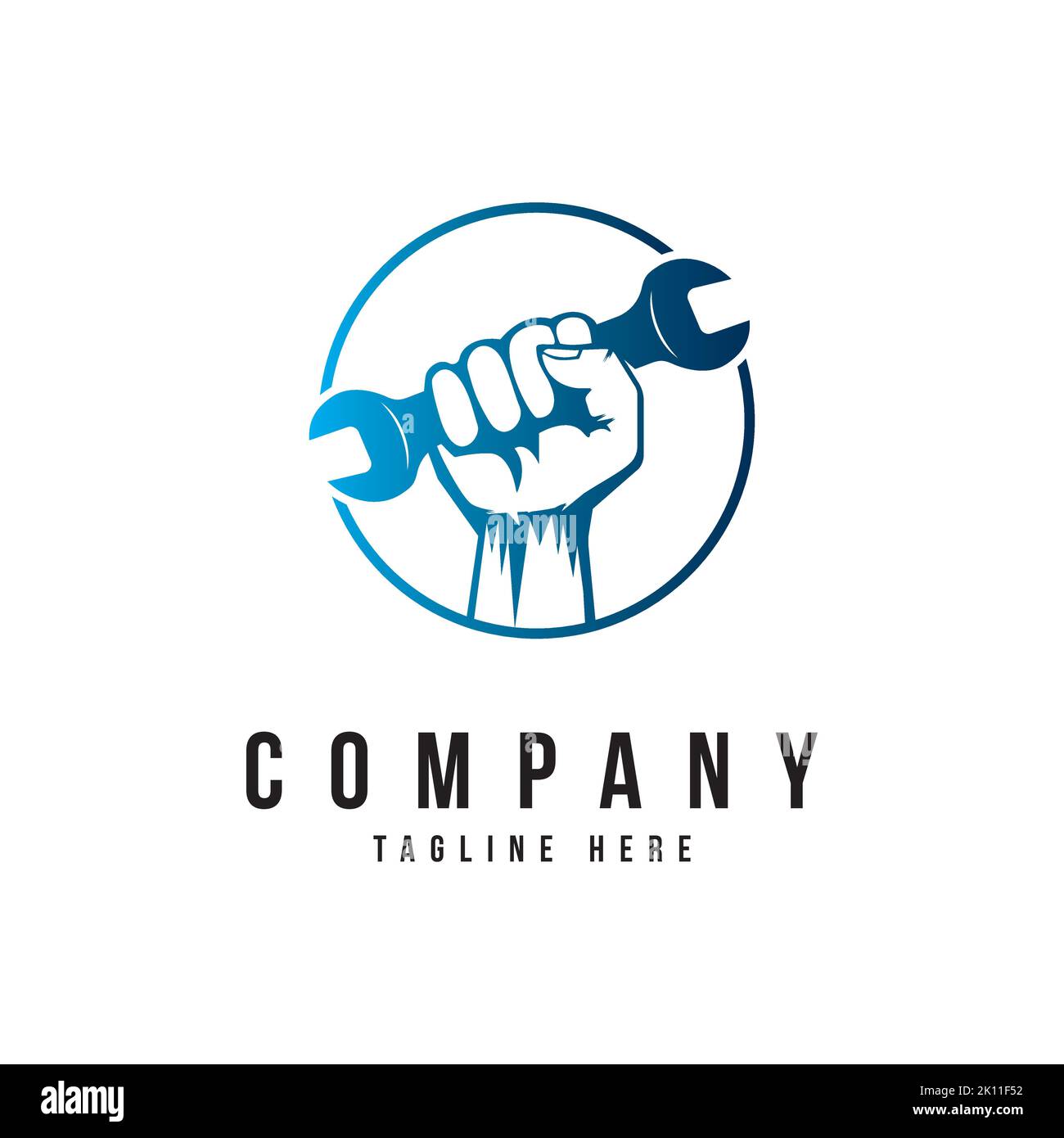 Hand with wrench in the circle line logo design template. Service