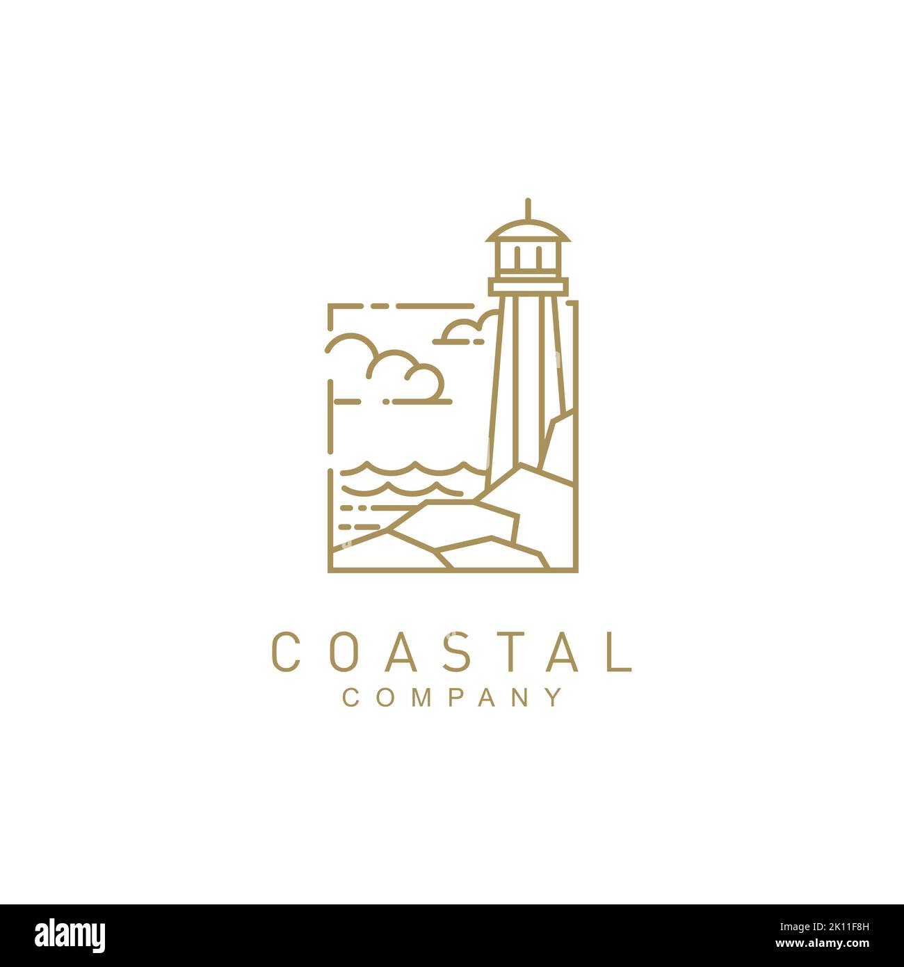 Coastal beach with lighthouse logo design vector template Stock Vector