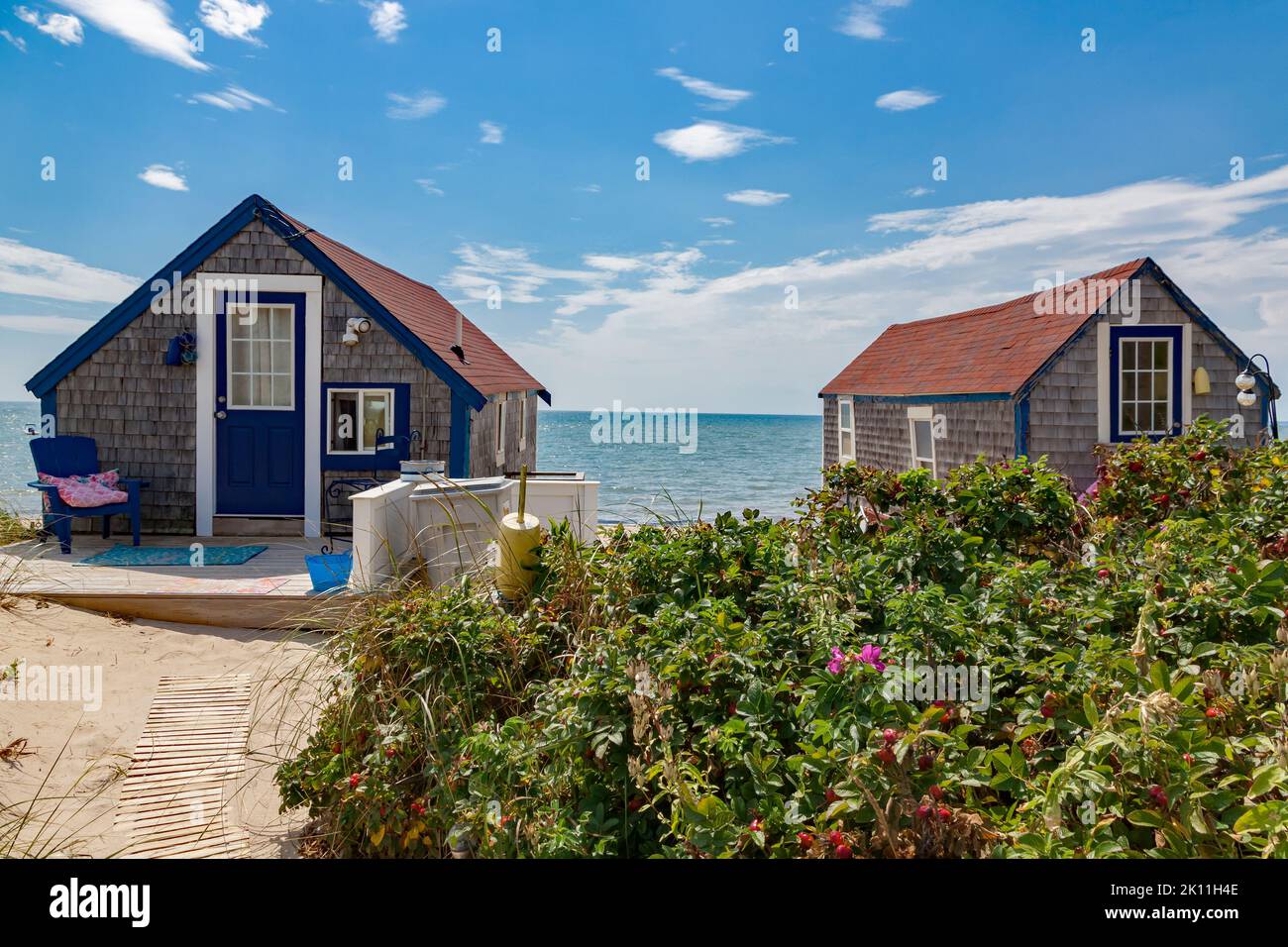 Cottages at Cold Storage Beach in Truro, Barnstable County, Cape Cod, Massachusetts, United States. Stock Photo