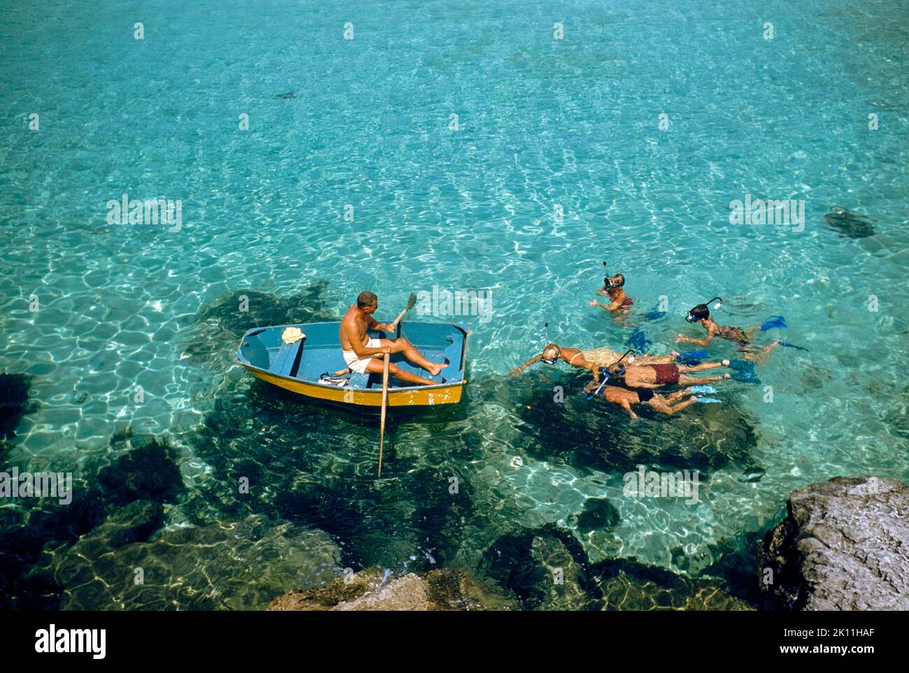 High Angle View of Family Snorkeling, Bermuda, Toni Frissell Collection, 1956 Stock Photo
