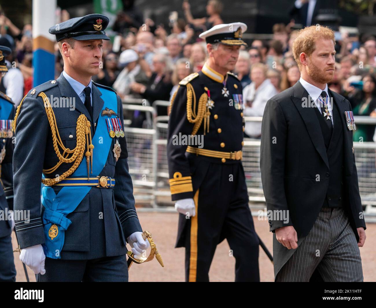 © Jeff Moore  The Prince of Wales and the Duke of Sussex  walk behind the Queen’s coffin from Buckingham Palace to Westminster Hall for the lying in s Stock Photo