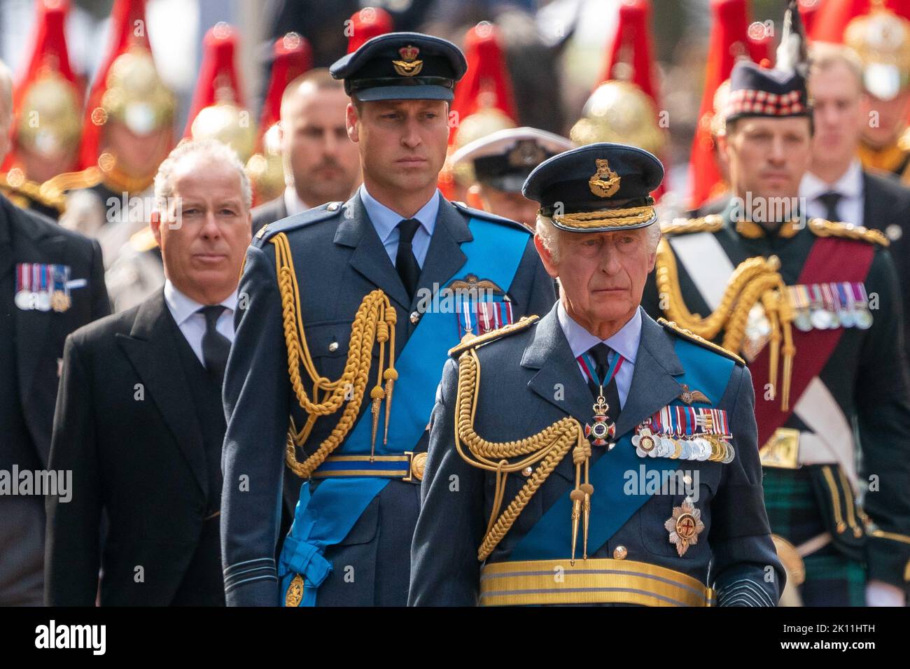 © Jeff Moore King Charles III , the Prince of Wales walk behind the Queen’s coffin from Buckingham Palace to Westminster Hall for the lying in state Stock Photo
