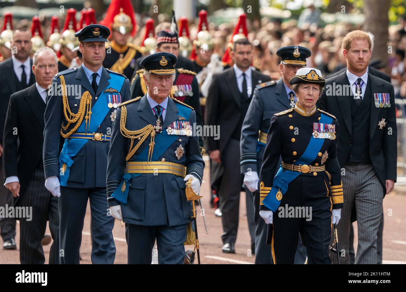 © Jeff Moore King Charles III , the Prince of Wales and the Duke of Sussex And the Princess Royal walk behind the Queen’s coffin from Buckingham Palac Stock Photo