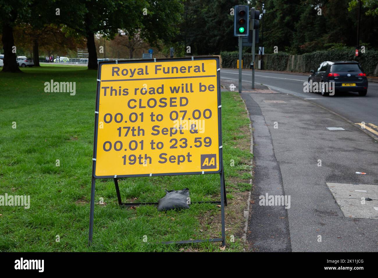 Windsor, UK. 14th September, 2022. A sign indicating a road closure for the funeral of Queen Elizabeth II is pictured. Queen Elizabeth II, the UK's longest-serving monarch, died at Balmoral aged 96 on 8th September after a reign lasting 70 years and will be buried in the King George VI memorial chapel in Windsor following a state funeral in Westminster Abbey on 19th September. Credit: Mark Kerrison/Alamy Live News Stock Photo
