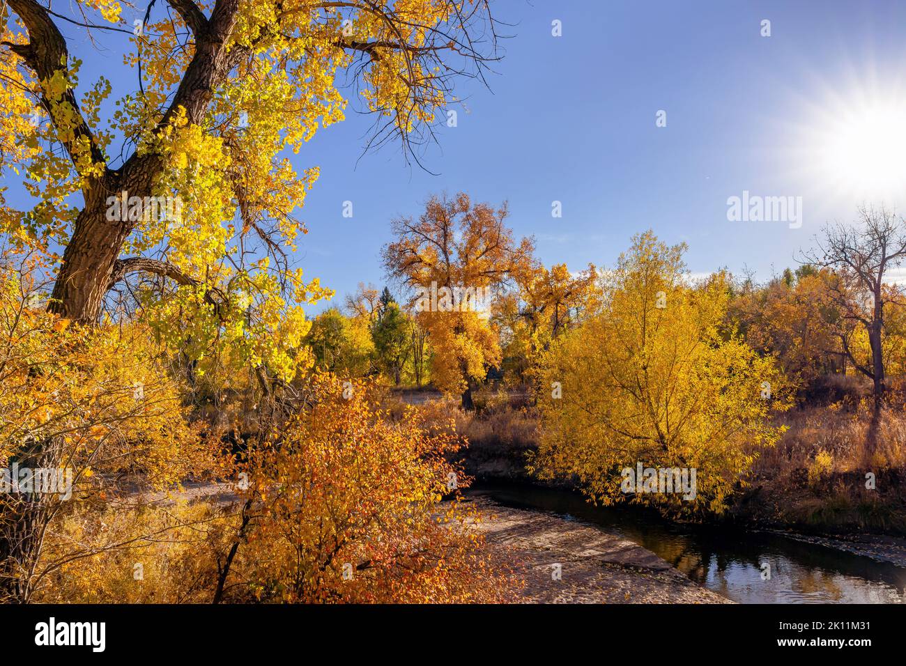 A scenic view of a small creek winding through the Landscape on a pretty Fall day in Colorado. Stock Photo