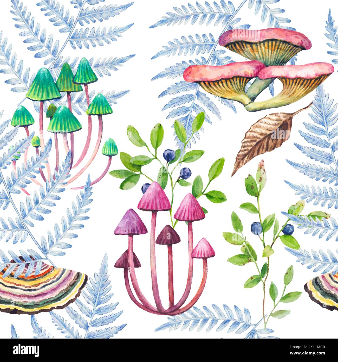 Hand drawn seamless pattern with fern leaves and mushrooms. Detailed watercolor botanical illustration. Stock Photo