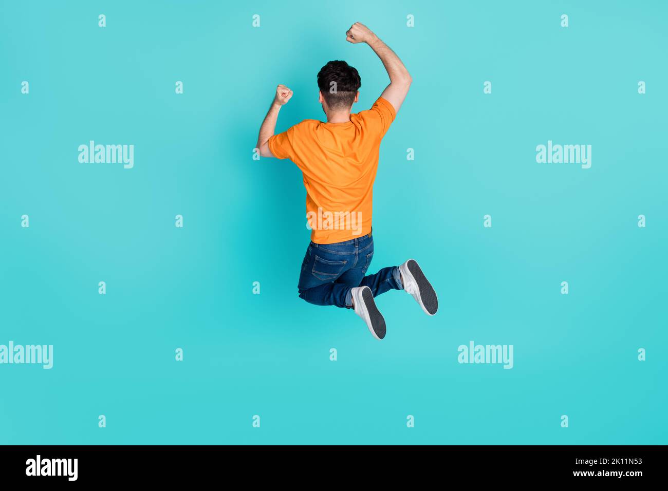 Top high angle back rear full length photo of glad man celebrate