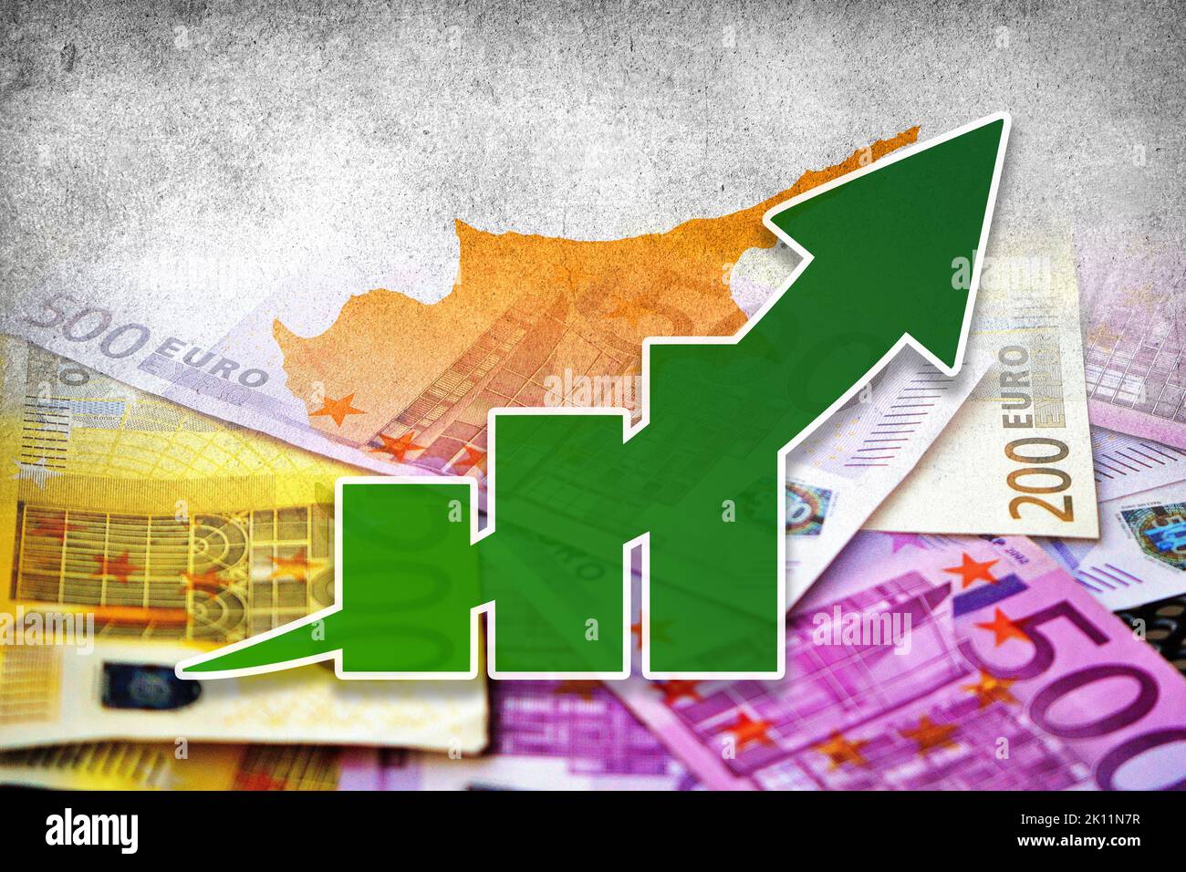 Economy graph: rising arrow, cash euro banknotes and Cyprus flag (Money, Economy, Business, Finance, Crisis) Stock Photo