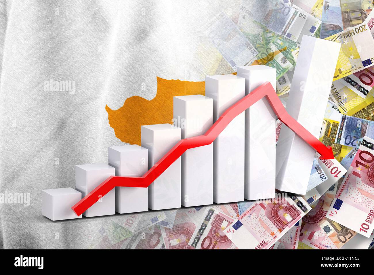 Economy Graph: Downward Arrow, Euro Cash Banknotes and Cyprus Flag (Money, Economy, Business, Finance, Crisis) Stock Photo