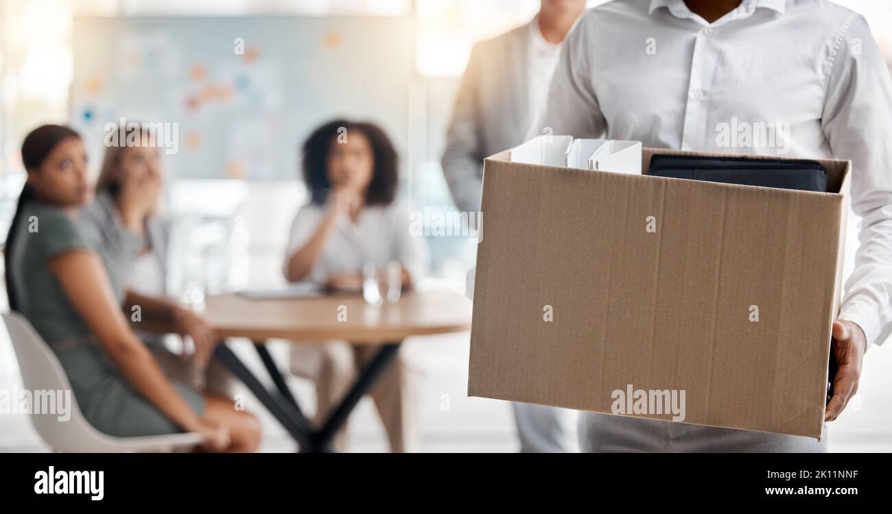 Business man fired, unemployed box and dismissal from job in office for