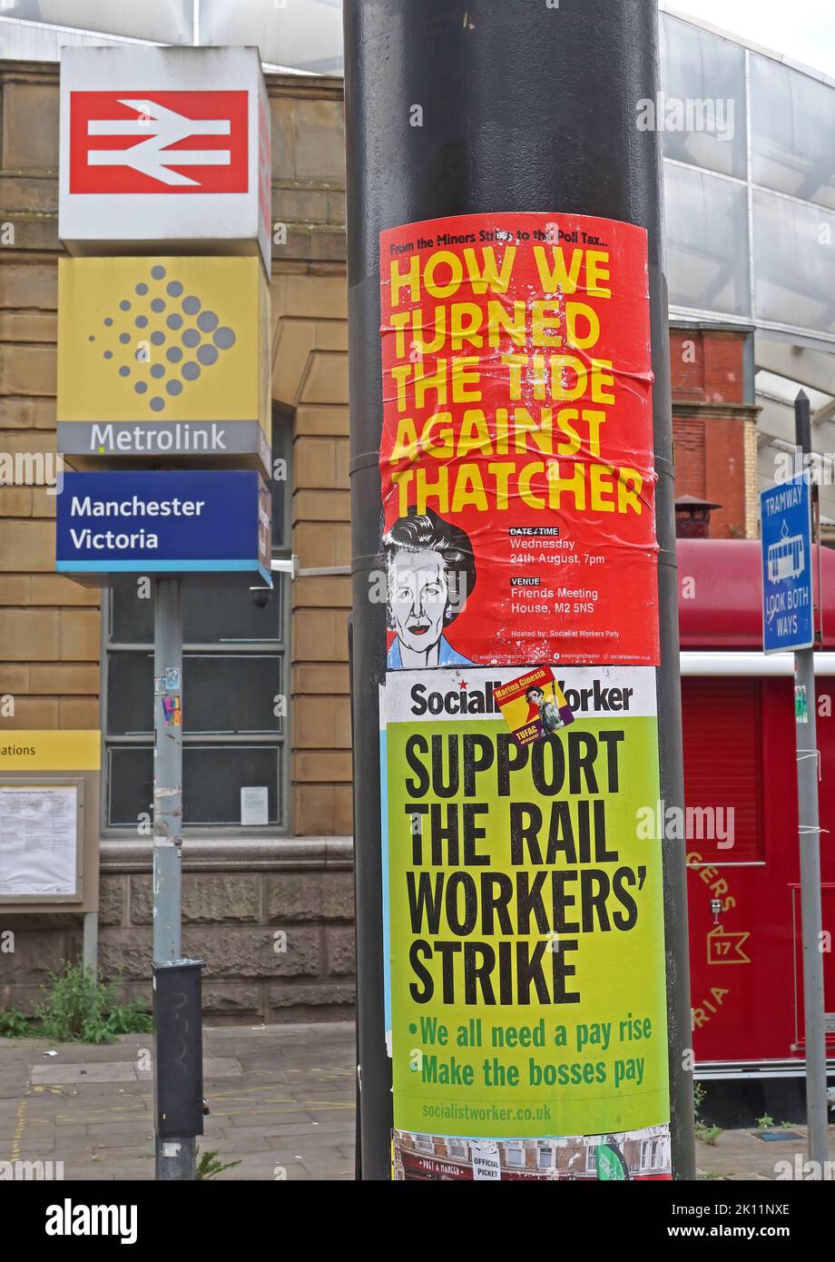 Victoria Station,Manchester, posters, Support The rail Workers Strike, How we turned the tide against, Thatcher, M3 1WY Stock Photo