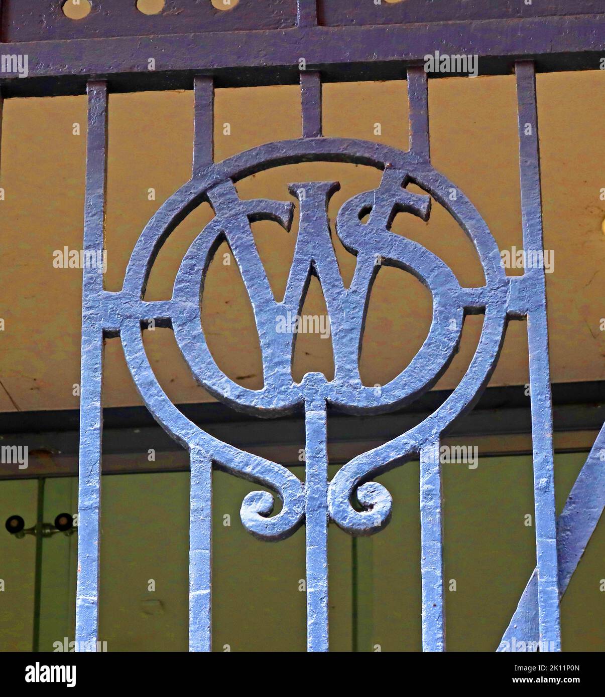 Wrought iron gates at Co-Operative Wholesale Society Ltd, Co-Op, Balloon Street, Manchester, Lancashire, England, UK, M4 4BE Stock Photo