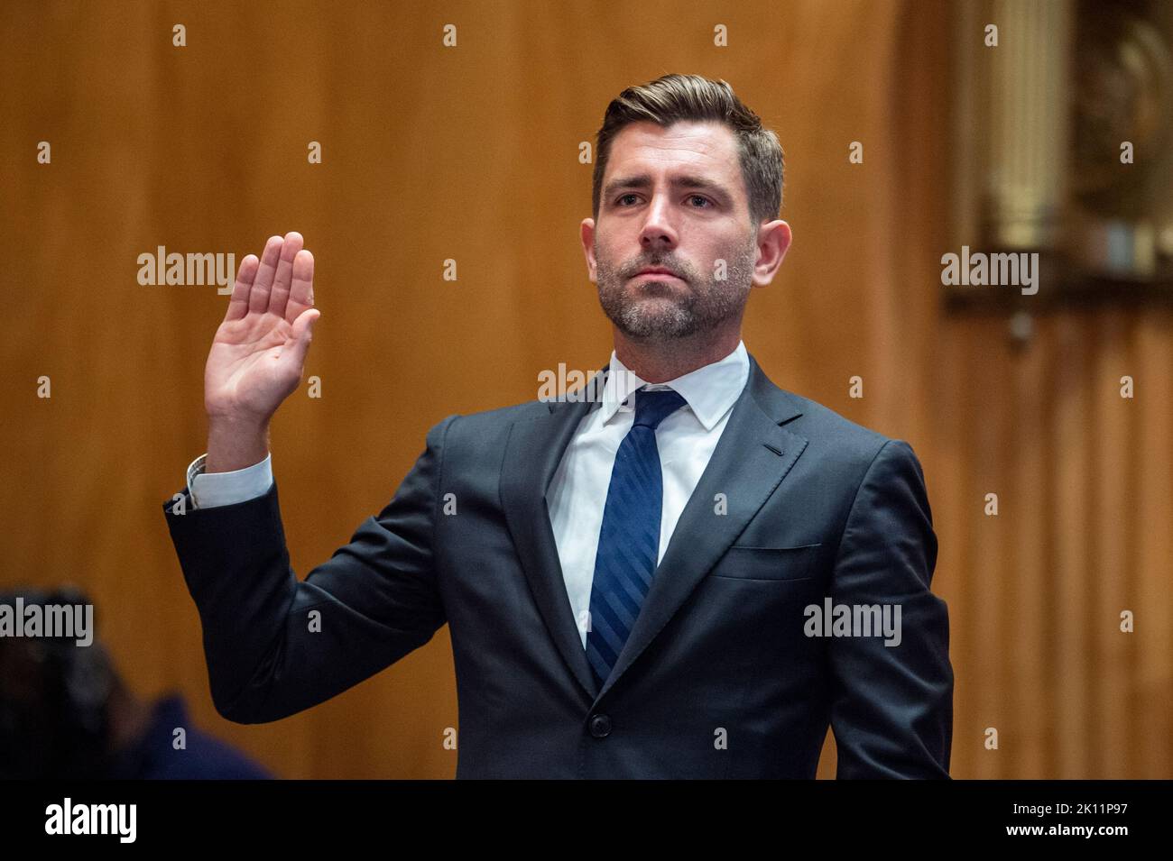 Washington, United States Of America. 14th Sep, 2022. Chris Cox, Chief Product Officer, Meta, is sworn-in during a Senate Committee on Homeland Security and Governmental Affairs hearing to examine social media's impact on homeland security, in the Dirksen Senate Office Building in Washington, DC, Wednesday, September 14, 2022. Credit: Rod Lamkey/CNP/Sipa USA Credit: Sipa USA/Alamy Live News Stock Photo