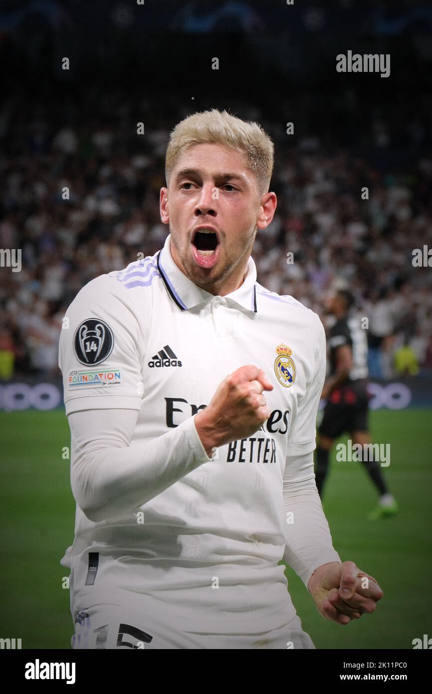 Madrid, Spain. 14th Sep, 2022. Federico Valverde of Real Madrid celebrates a goal during the UEFA Champions League group F match between Real Madrid and RB Leipzig in Madrid, Spain, on Sept. 14, 2022. Credit: Meng Dingbo/Xinhua/Alamy Live News Stock Photo