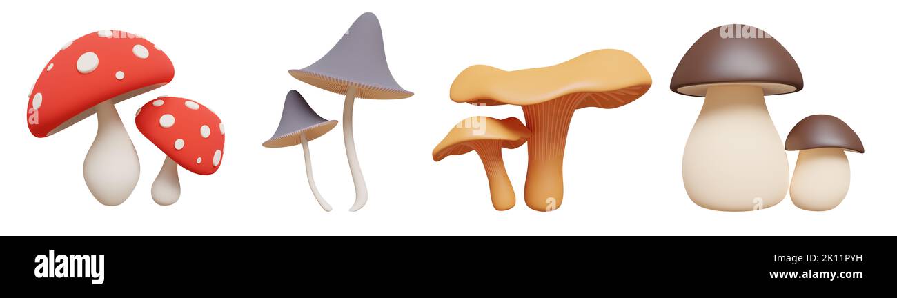 Set of cute cartoon mushrooms isolated on white. 3D image Stock Photo