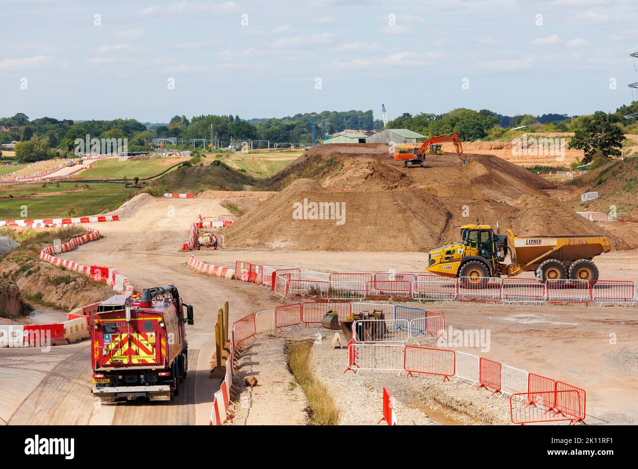 Construction of the HS2 Rail network taking place at Waste Lane near Berkswell, Warwickshire. The view is of construction work looking towards Berkswell, picture taken from Waste Lane bridge. Stock Photo