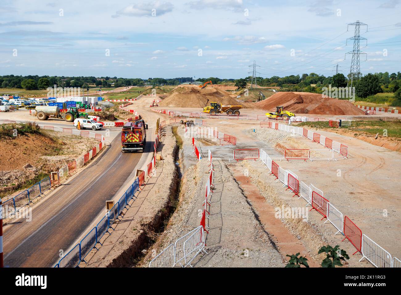 Construction of the HS2 Rail network taking place at Waste Lane near Berkswell, Warwickshire. The view is of construction work looking towards Berkswell, picture taken from Waste Lane bridge. Stock Photo