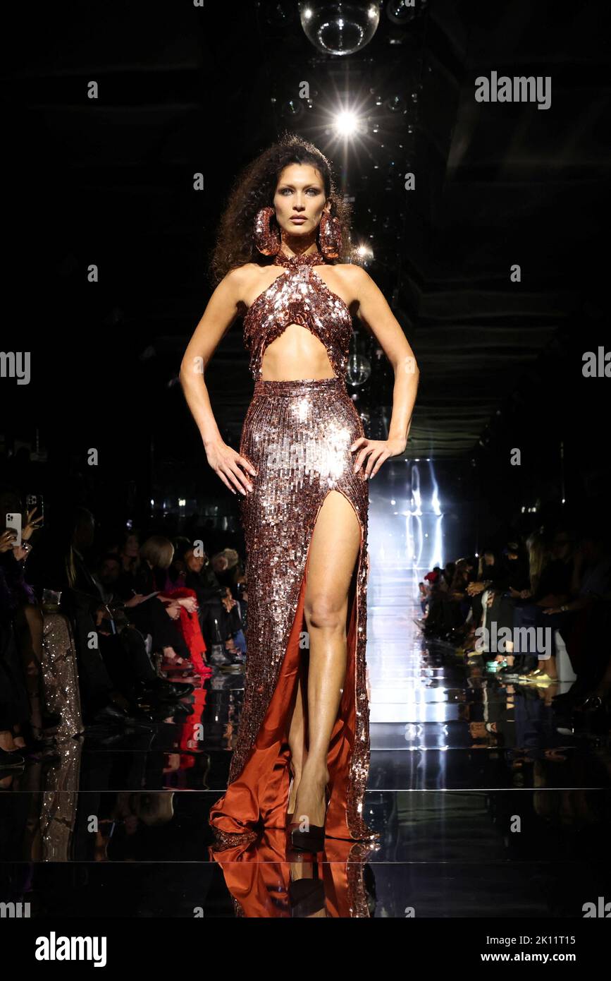 Model Bella Hadid presents a creation from the Tom Ford Spring/Summer 2023 collection during New York Fashion Week in Manhattan, New York City, U.S., September 14, 2022.  REUTERS/Andrew Kelly Stock Photo