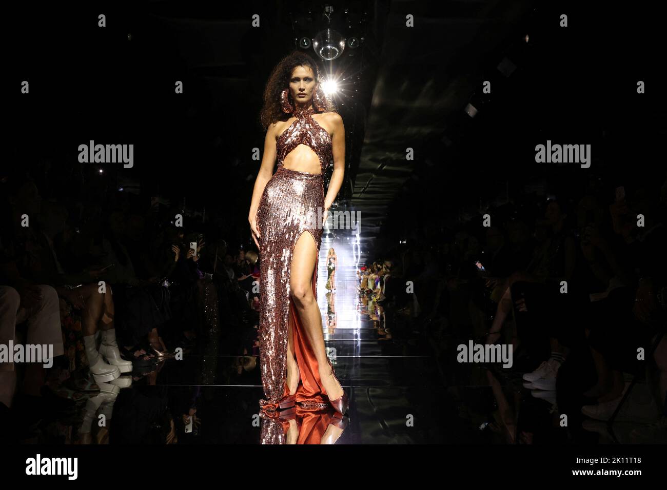 Model Bella Hadid presents a creation from the Tom Ford Spring/Summer 2023 collection during New York Fashion Week in Manhattan, New York City, U.S., September 14, 2022.  REUTERS/Andrew Kelly Stock Photo