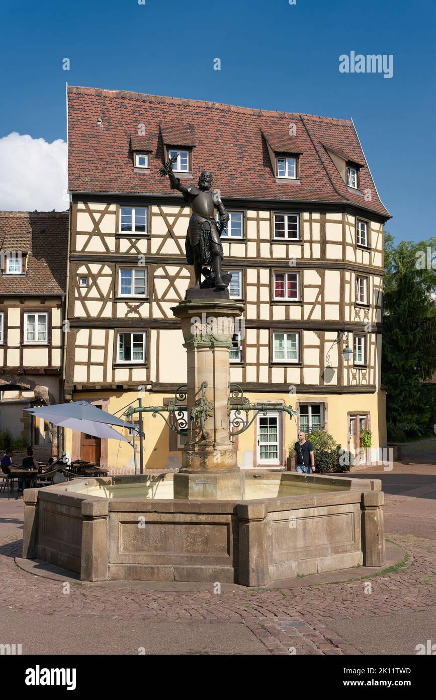 historical old town with the fountain in honor of Lazarus von Schwendi in Colmar in France Stock Photo