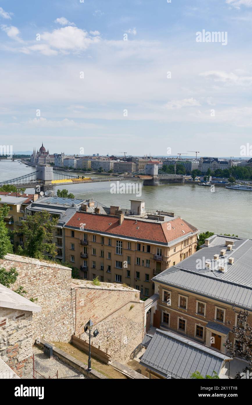 View from Buda district to Pest in Budapest. The Chain Bridge connects both parts of Budapest Stock Photo