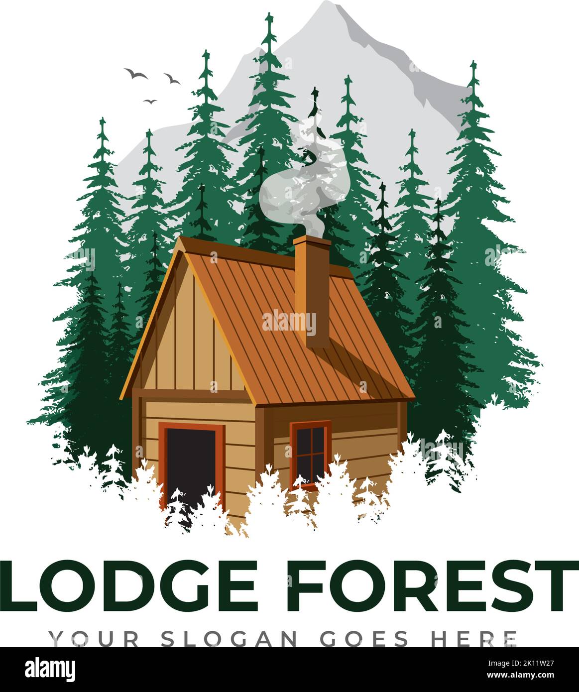 wood cabin logo vector graphic with chimney, smoke, birds, pines and mountain for any business especially for outdoor activity, hunting, travel and ho Stock Vector