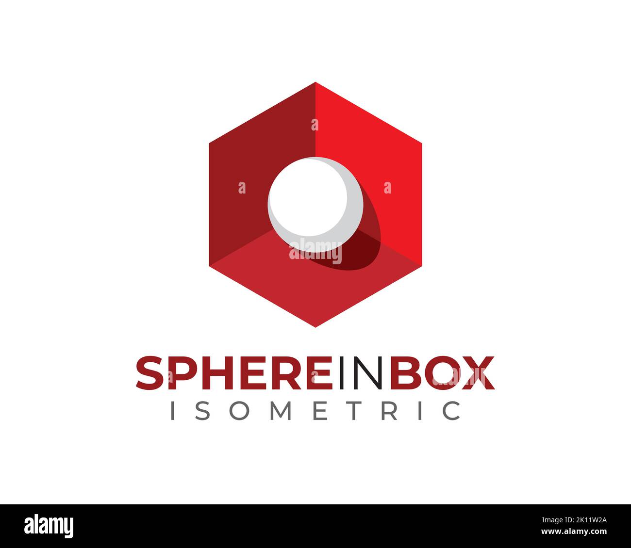 white 3D 3 Dimensional isometric globe ball sphere inside red hexagon box with light and shadow Stock Vector