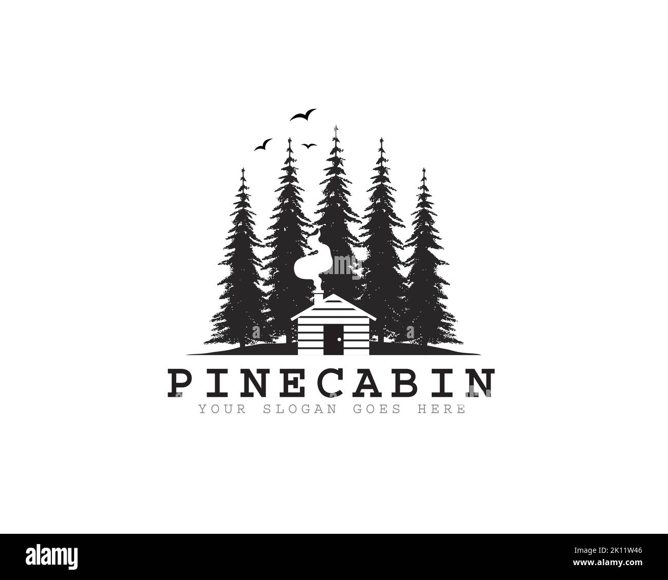 wood cabin logo vector graphic with chimney, smoke, birds, pines and mountain for any business especially for outdoor activity, hunting, travel. Stock Vector