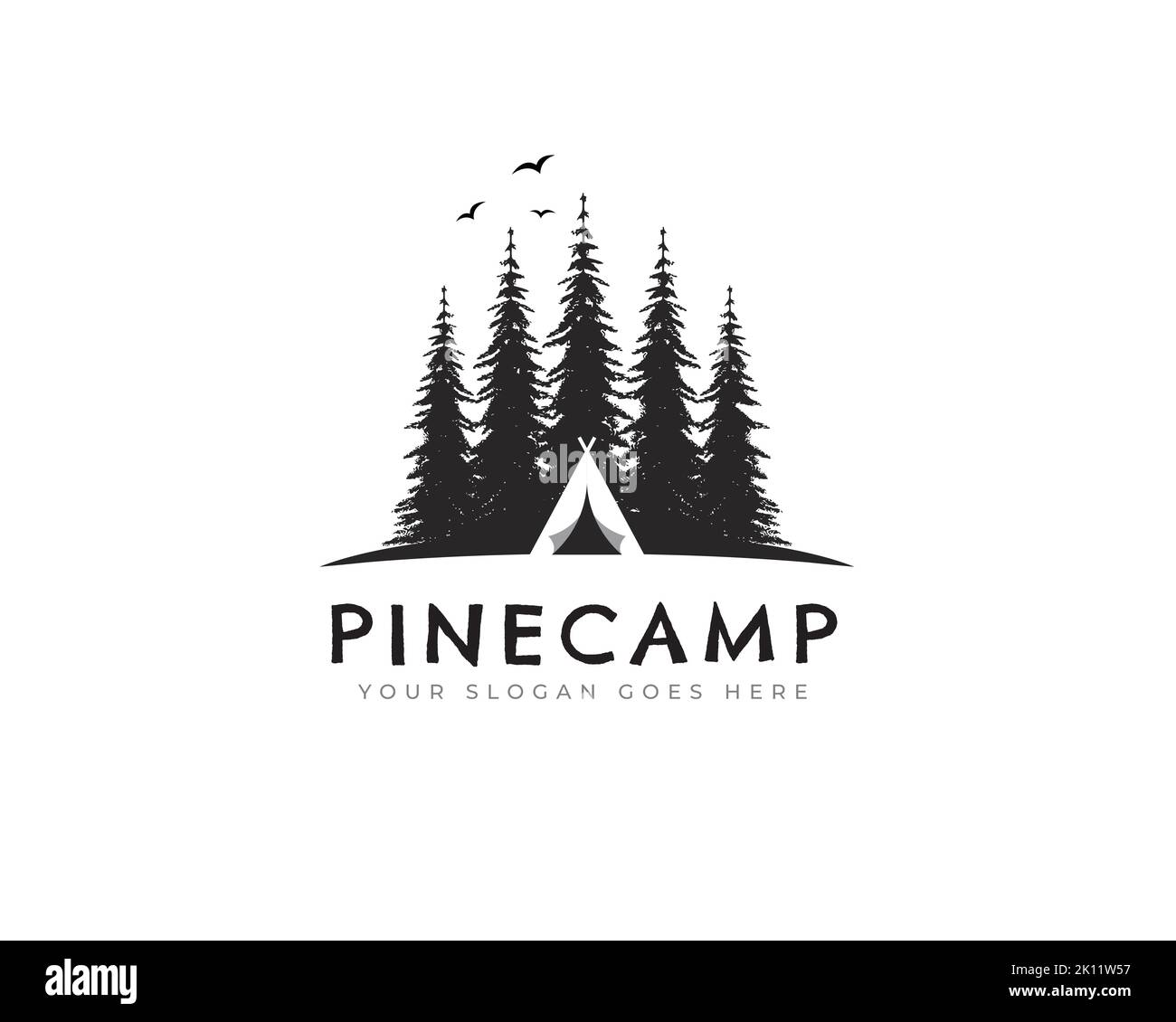 coniferous forest, mountains and wooden logo. camping and wild nature. landscapes with pine trees and hills. Stock Vector