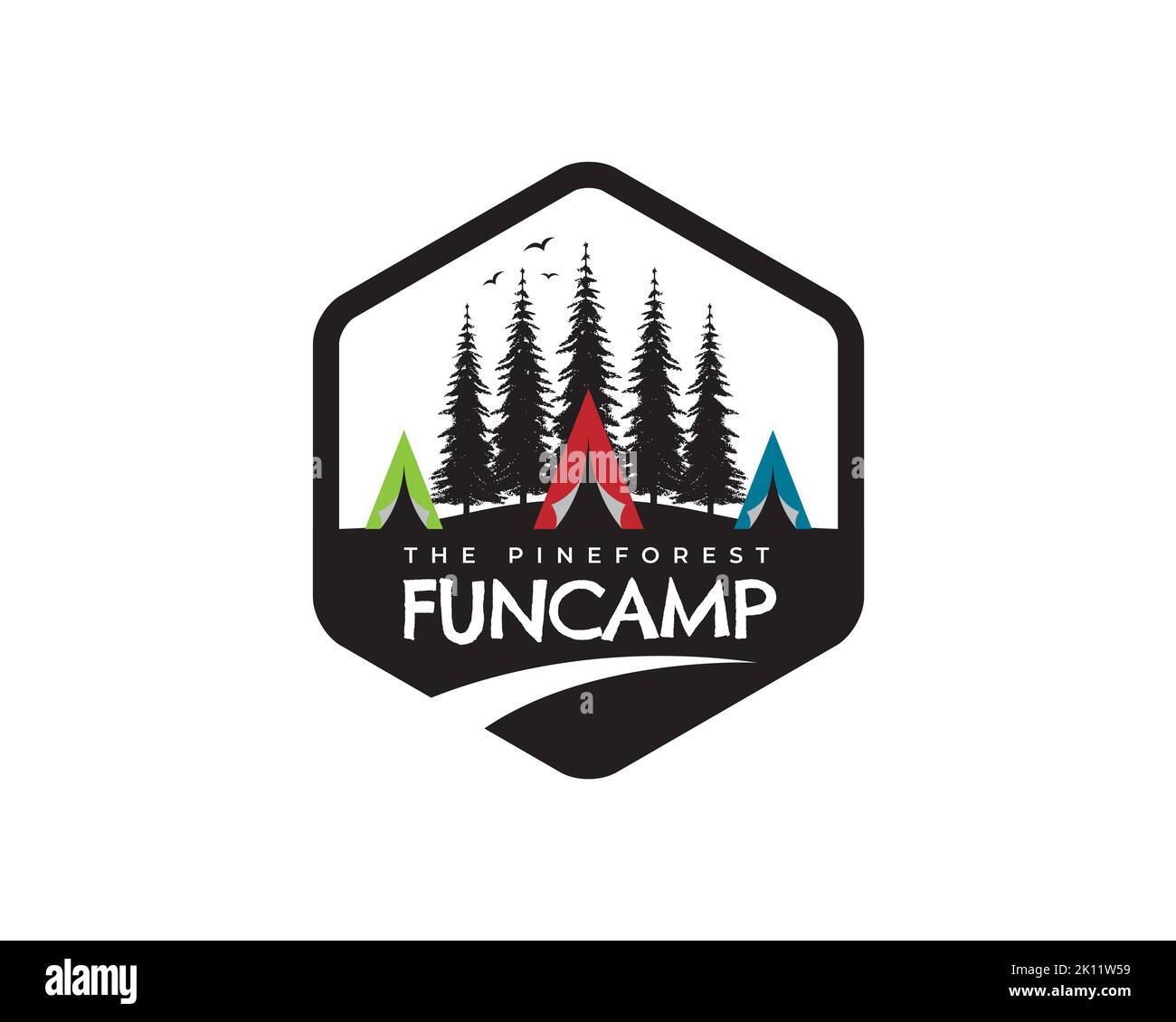 coniferous forest, mountains and wooden logo. Fun camping and wild nature. landscapes with pine trees and hills. Stock Vector
