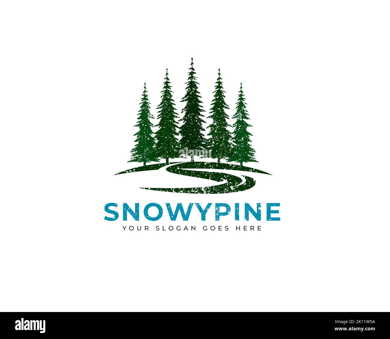 Rustic Retro Vintage pine, evergreen, fir, hemlock, spruce, conifer, cedar, coniferous, cypress, larch, pinus trees covered with snow flakes fall lake Stock Vector