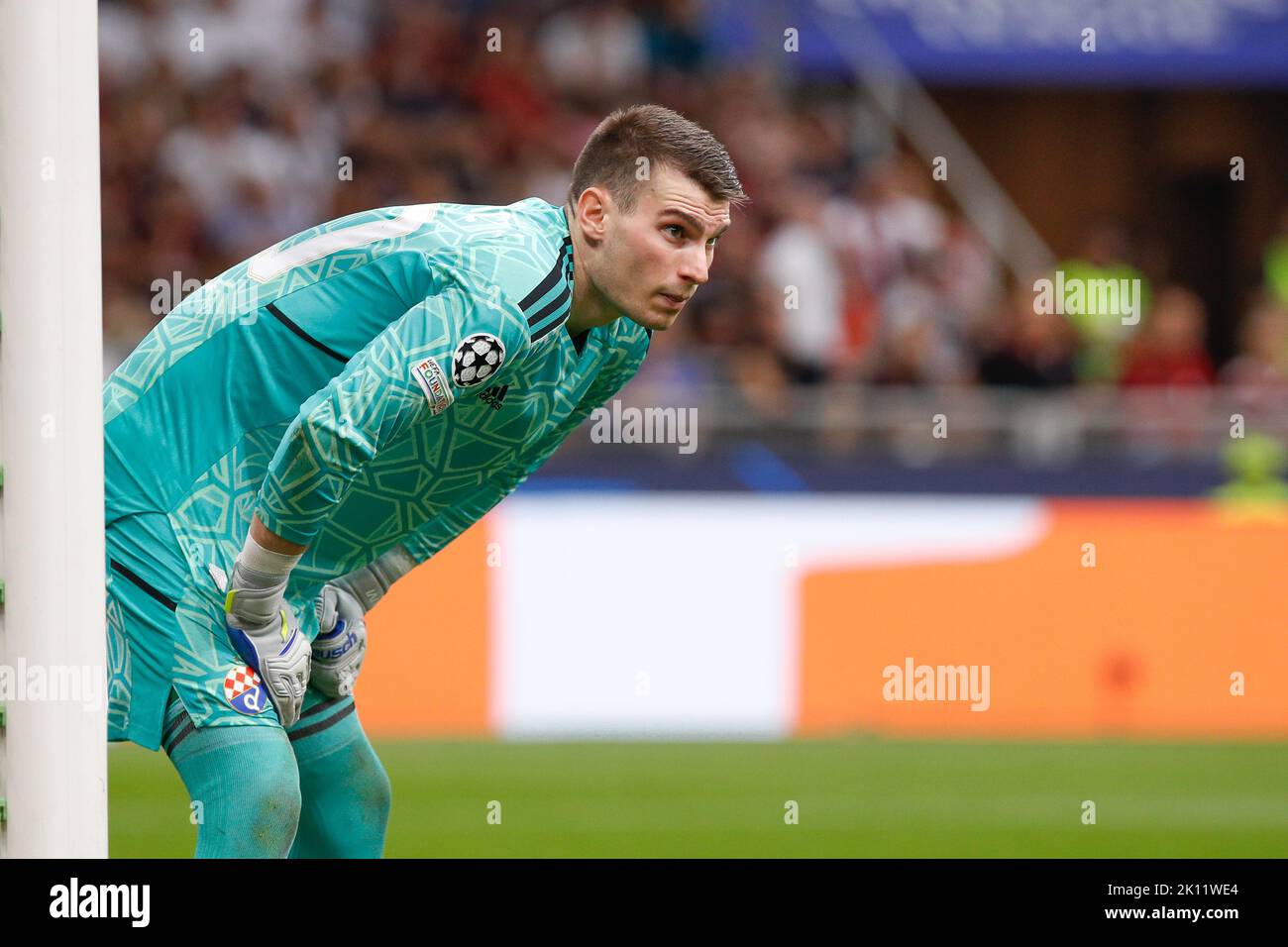 Milan, Italy. 14th Sep, 2022. Italy, Milan, sept 14 2022: Dominik Livakovic (Dinamo Zagreb goalkeeper) in the goal area in the second half during soccer match AC MILAN vs DINAMO ZAGREB, UCL 2022-2023 matchday2 San Siro stadium (Photo by Fabrizio Andrea Bertani/Pacific Press) Credit: Pacific Press Media Production Corp./Alamy Live News Stock Photo