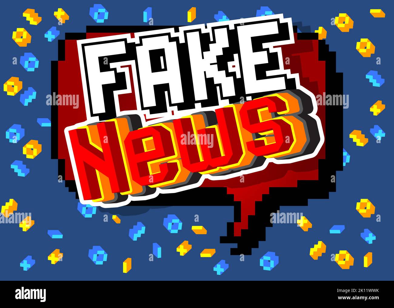 Fake News. Pixelated word with geometric graphic background. Vector cartoon illustration. Stock Vector