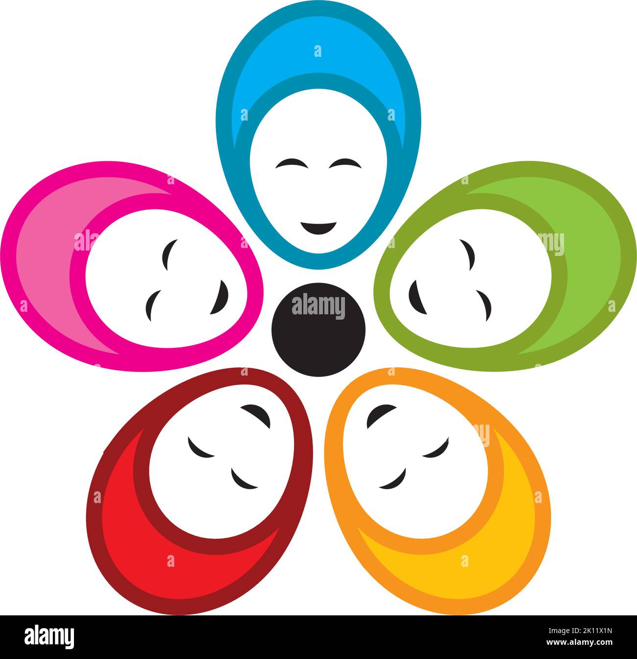 five colorful moslem hijabi woman girls head facing upward forming star Stock Vector