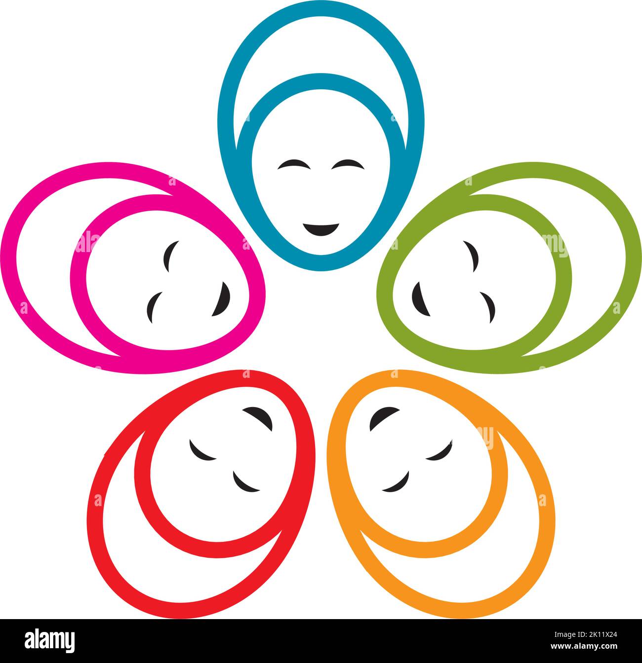 five colorful moslem hijabi woman girls head facing upward forming star Stock Vector