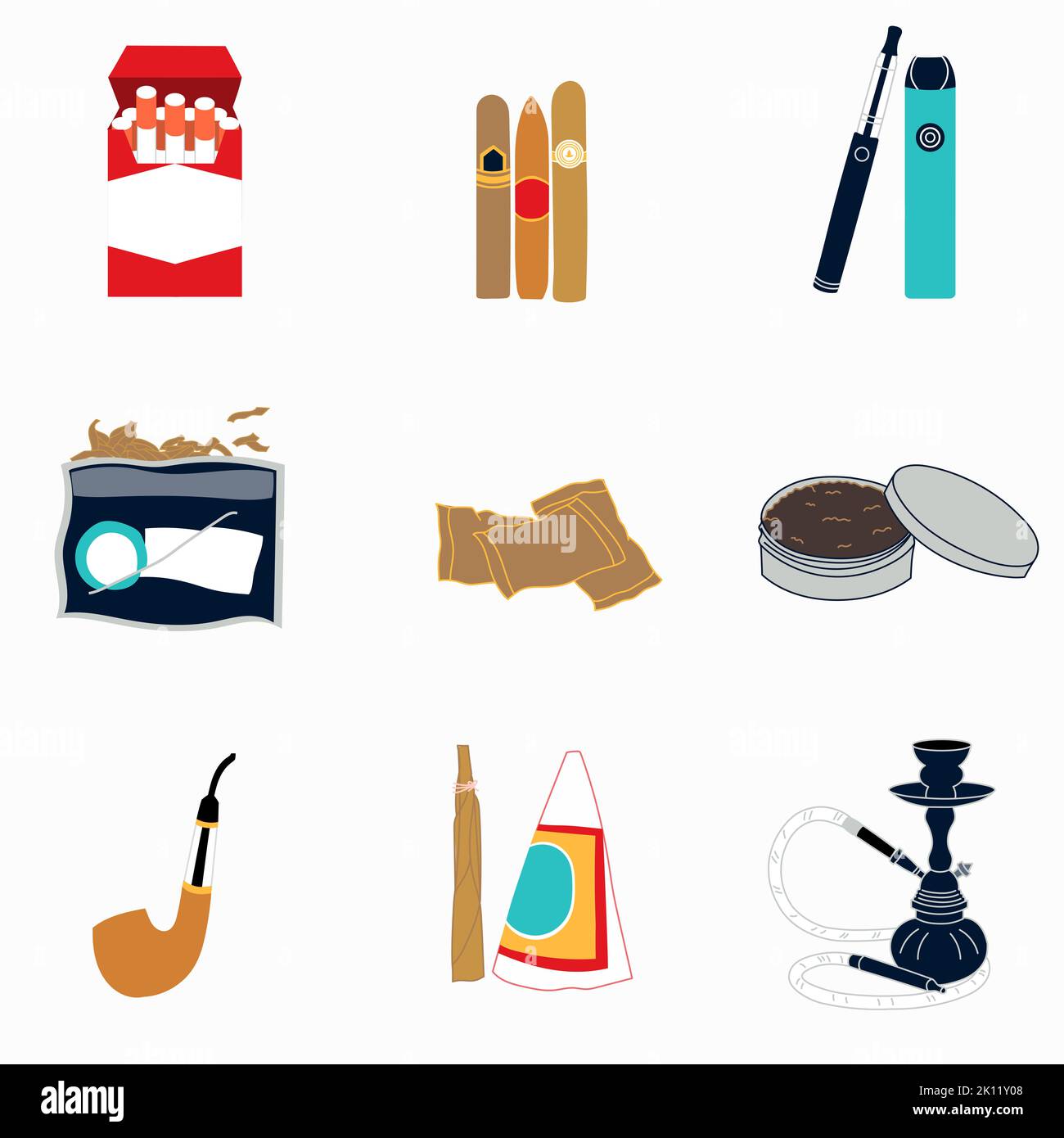 Smoking addict tobacco products icons set with nicotine cigarette in