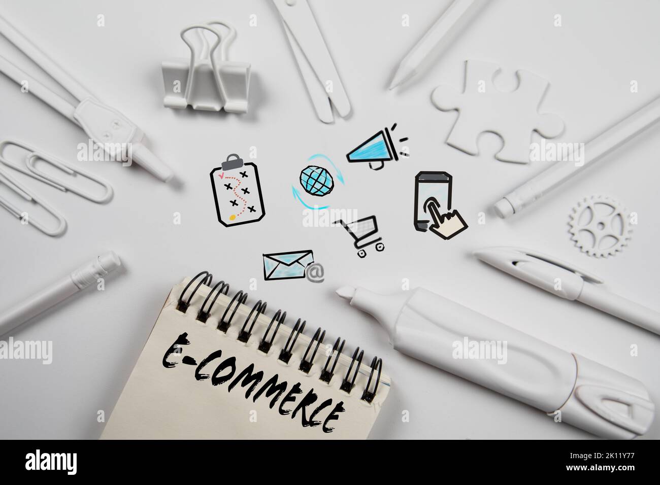 E-Commerce Business Concept. Abstract white office desk. Stock Photo