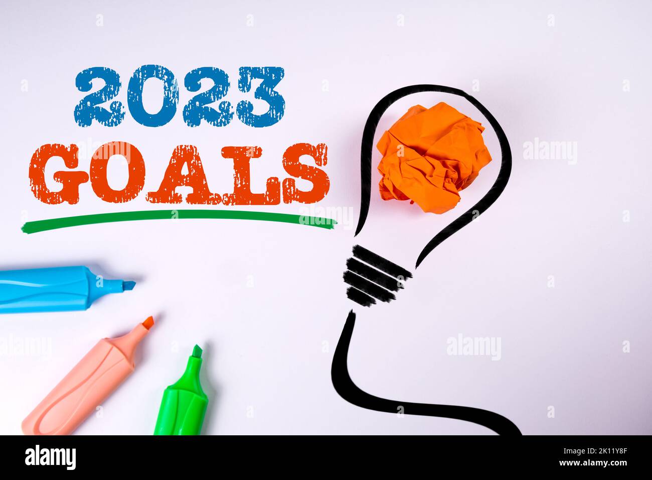2023 goals concept. Colored markers on a white background. Stock Photo