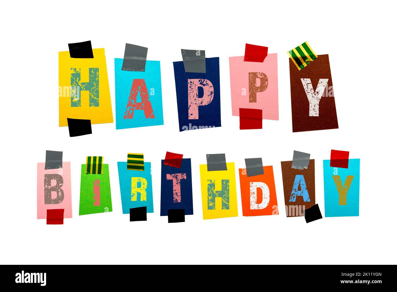Happy Birthday concept. Colored pieces of paper on a white background. Stock Photo