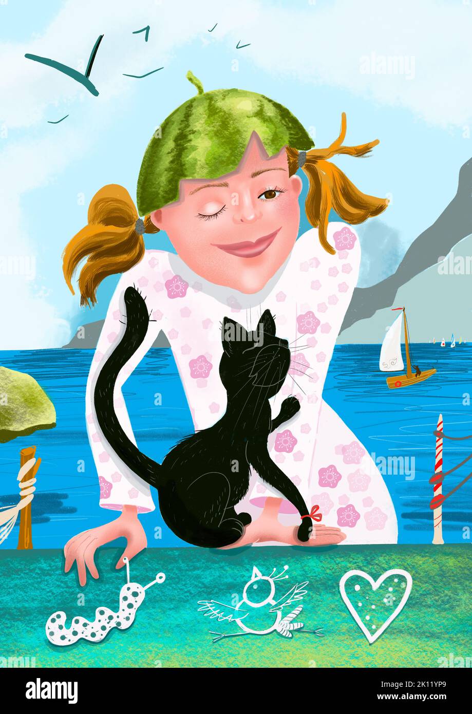 Illustration of a girl with a watermelon and cat on summer vacation Stock Photo