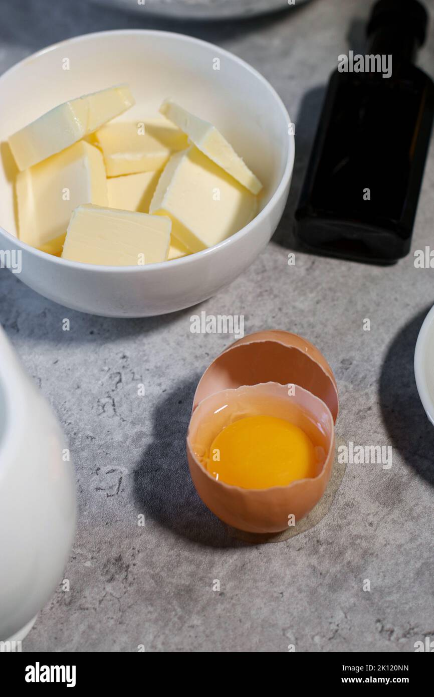 baking ingredients ob grey marble table Stock Photo